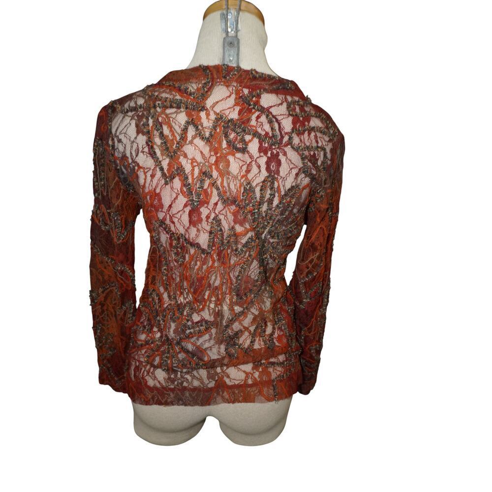 Vintage Sheer Burnt Orange Embroidered Lace Mesh Button-Up Top Boho Whimsy Goth - Picture 6 of 14